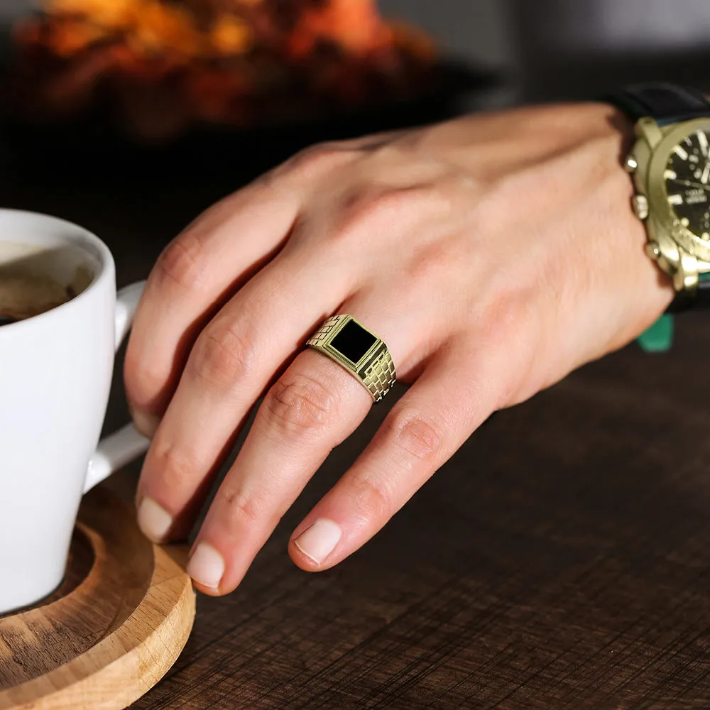 10k Yellow Gold Men Engagement Ring with Natural Black Onyx