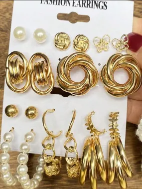 11pairs Faux Pearl Decor Circle Shaped Earrings Set For Women, Great For Dating And Festival Gifts