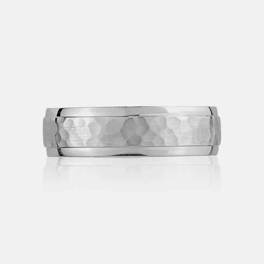 14K Brushed Center Hammered Wedding Band