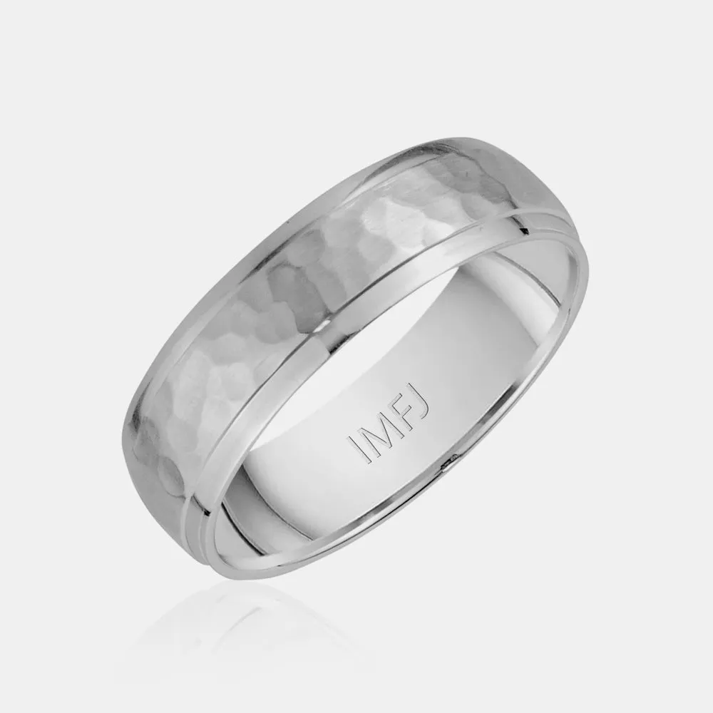 14K Brushed Center Hammered Wedding Band