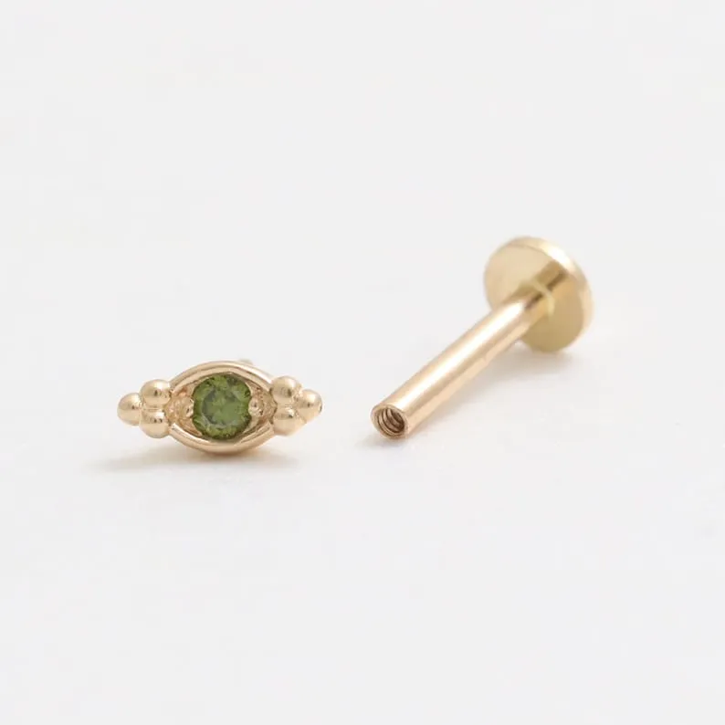 14K Gold Cartilage Helix Tragus Conch Green Diamond Evil Eye Internally Threaded Flat Back Earring Labret