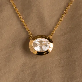 14K Yellow Gold Oval White Topaz Bezel Pendant Necklace