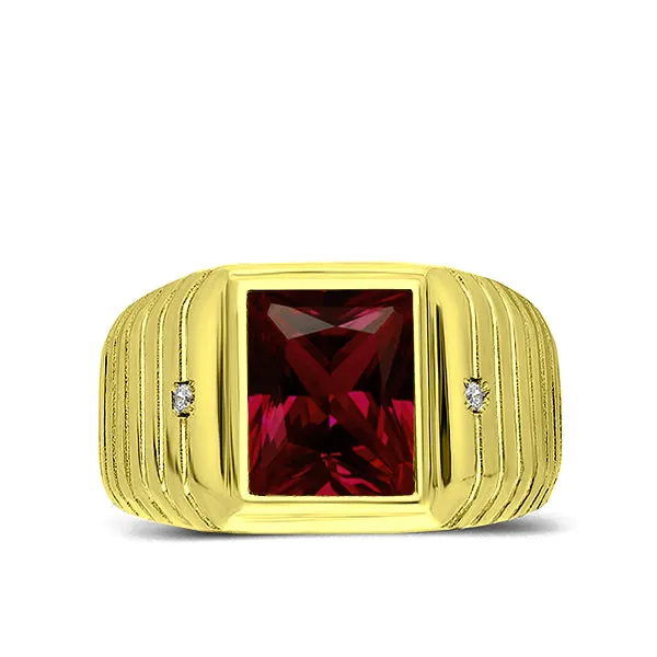 18K Real Yellow Fine Gold Red Ruby Mens Ring with 2 Natural Diamonds Accents