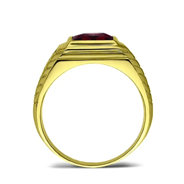 18K Real Yellow Fine Gold Red Ruby Mens Ring with 2 Natural Diamonds Accents