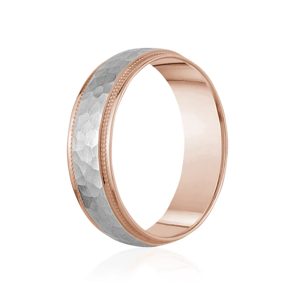 18K Two-Tone Brushed Hammered Center with Milgrain Edges Wedding Band