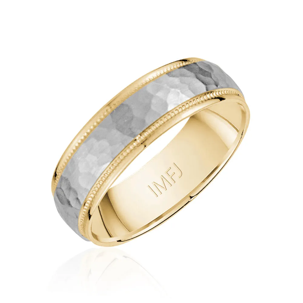 18K Two-Tone Brushed Hammered Center with Milgrain Edges Wedding Band