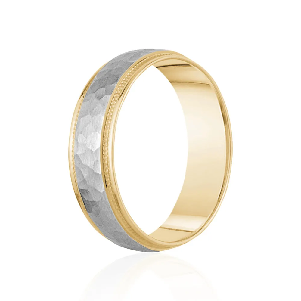 18K Two-Tone Brushed Hammered Center with Milgrain Edges Wedding Band