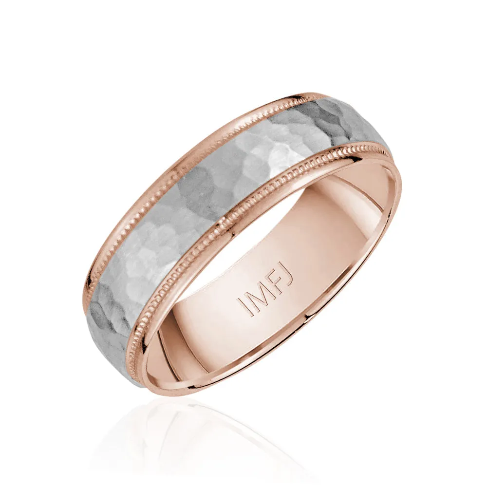 18K Two-Tone Brushed Hammered Center with Milgrain Edges Wedding Band