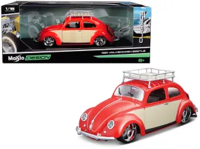 1951 Volkswagen Beetle with Roof Rack Orange Red Classic Muscle 1/18 Diecast Model Car by Maisto