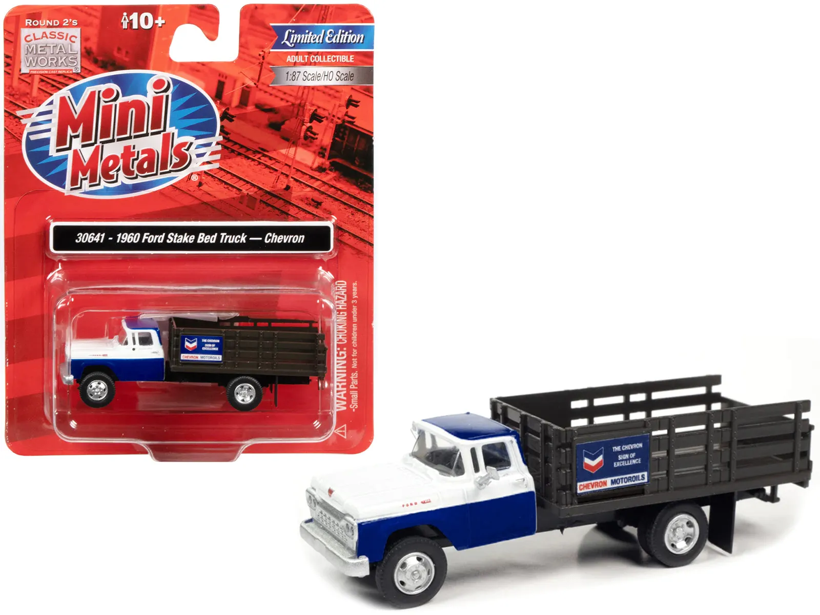 1960 Ford Stake Bed Truck Chevron Blue and White 1/87 (HO) Scale Model Car by Classic Metal Works