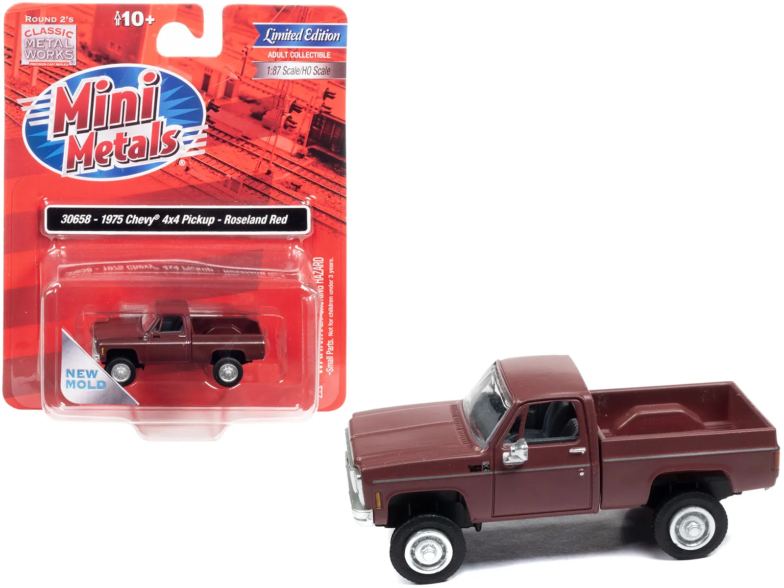 1975 Chevrolet 4x4 Pickup Truck Roseland Red 1/87 (HO) Scale Model Car by Classic Metal Works