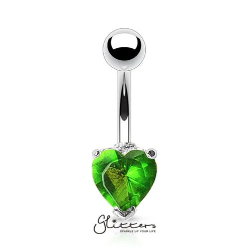 316L Surgical Steel Prong Set Solitaire Heart Cubic Zirconia Belly Ring-Green