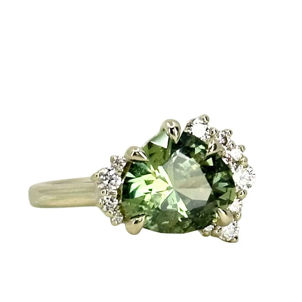 3.28ct Pear Untreated Montana Sapphire and Diamond Asymmetrical Cluster Ring in 14k Green Gold