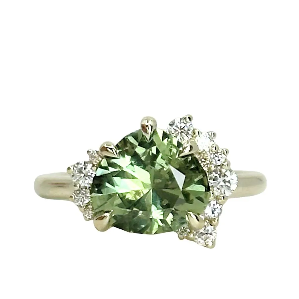 3.28ct Pear Untreated Montana Sapphire and Diamond Asymmetrical Cluster Ring in 14k Green Gold