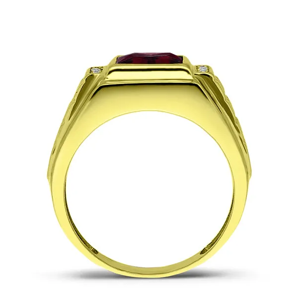 925 Solid Silver Mens Red Ruby Ring 18K Gold Plated With 4 Diamond Accent All Sz