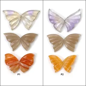 AMETRINE Peach MOONSTONE AGATE Gemstone Carving : Natural Untreated Unheated Moonstone Hand Carved Butterfly 3 Pairs Set