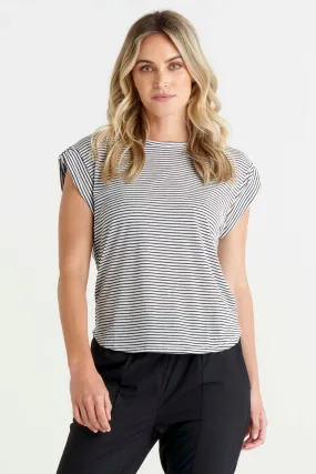 Betty Basics Gemma Roll Cuff Top in Black White Stripe