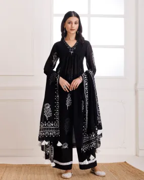 Black Butta Hand Block Printed Moonga Cotton Gathered Suit Set