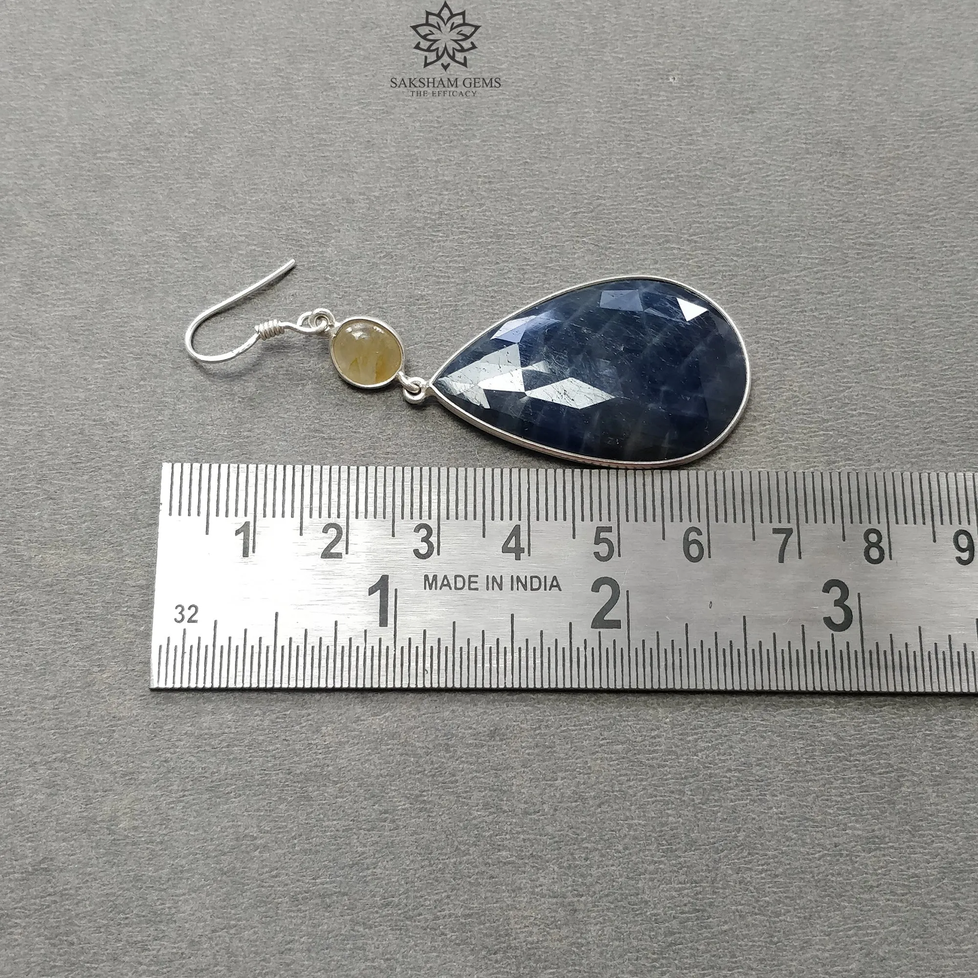 Blue & Yellow Sapphire With 925 Sterling Silve Earrings : 17.18gms Natural Saphire Untreated Drop Dangle Bezel Set Hook Earrings 1.6"