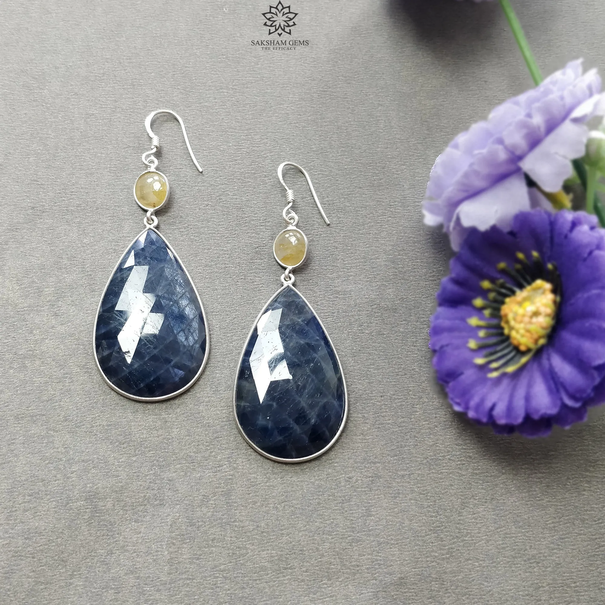 Blue & Yellow Sapphire With 925 Sterling Silve Earrings : 17.18gms Natural Saphire Untreated Drop Dangle Bezel Set Hook Earrings 1.6"