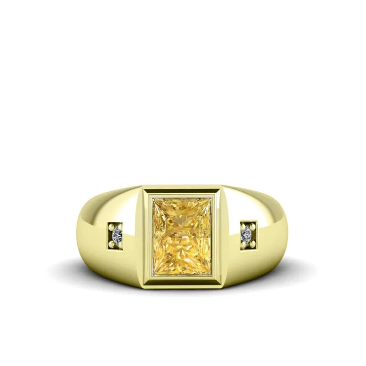 Classic Design Men's Ring with Faceted Citrine in 14K Yellow Gold with 2 Diamonds Gift for Father