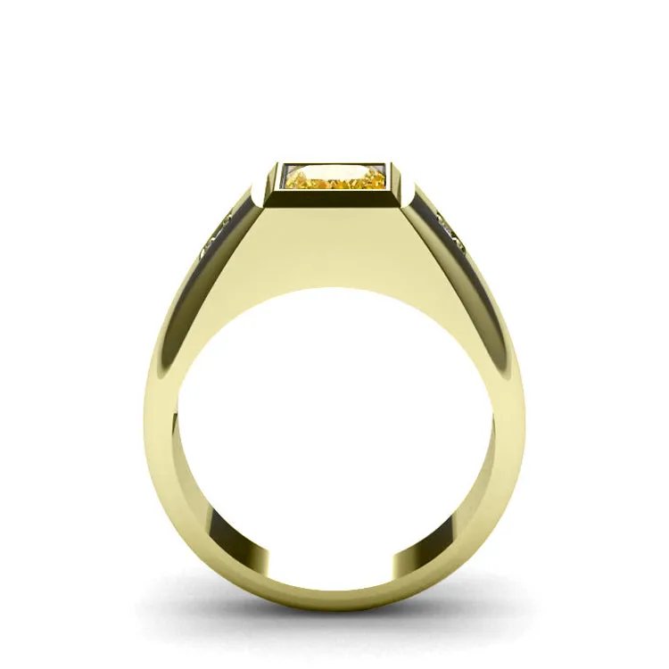 Classic Design Men's Ring with Faceted Citrine in 14K Yellow Gold with 2 Diamonds Gift for Father