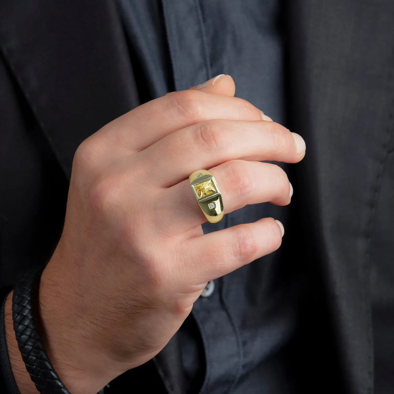 Classic Design Men's Ring with Faceted Citrine in 14K Yellow Gold with 2 Diamonds Gift for Father