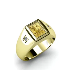 Classic Design Men's Ring with Faceted Citrine in 14K Yellow Gold with 2 Diamonds Gift for Father