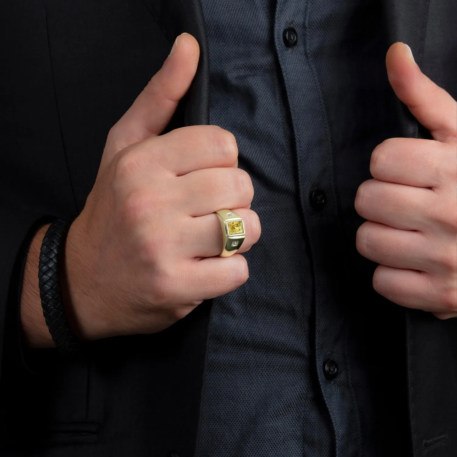 Classic Design Men's Ring with Faceted Citrine in 14K Yellow Gold with 2 Diamonds Gift for Father