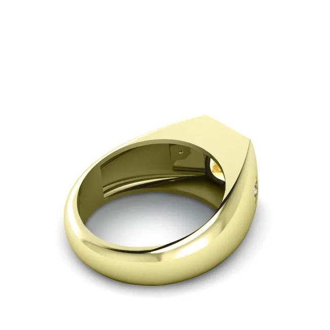 Classic Design Men's Ring with Faceted Citrine in 14K Yellow Gold with 2 Diamonds Gift for Father