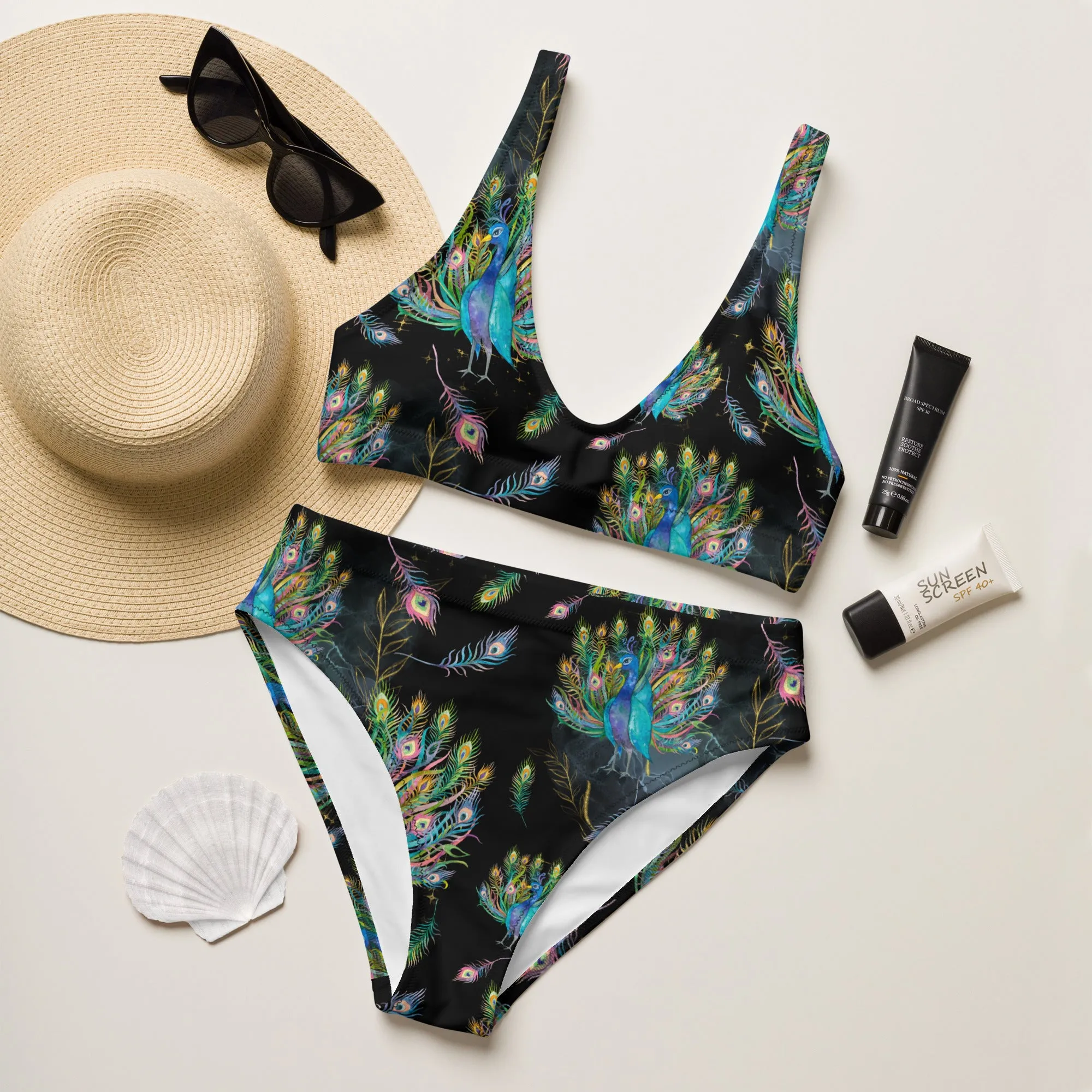 Colorful Peacock High Waisted Bikini