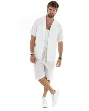 Completo Set Coordinato Uomo Viscosa Camicia Con Colletto Bermuda Outfit Bianco GIOSAL-OU2358A