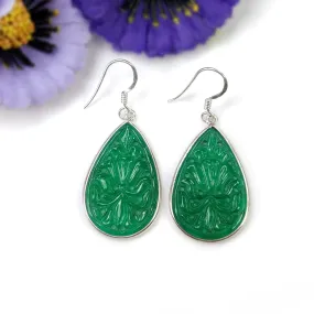 GREEN ONYX Gemstone Earring : 6.84gms 925 Sterling Silver Pear Shape Hand Carved Bezel Set Drop Dangle Hook Earring 1.85"