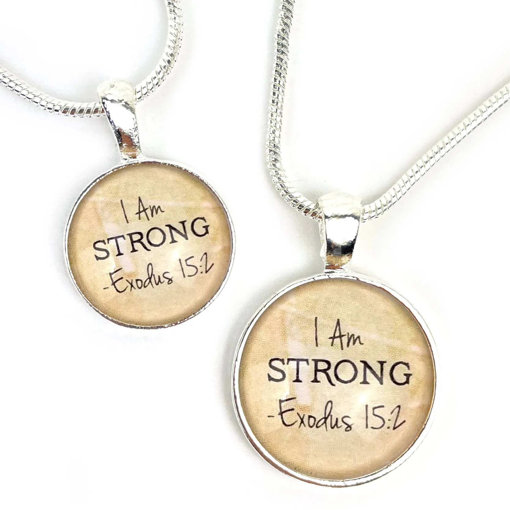 I AM Strong, Exodus 15:2 – Christian Affirmations Scripture Pendant Necklace (2 Sizes) – Jewelry Set