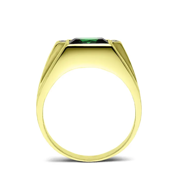 Mens Ring 18K Real Yellow Fine Gold Green Emerald with 4 Natural Diamond Accent