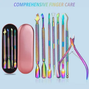 Multi-Type Rainbow Stainless Steel Nail Art Tools Cuticle Pusher Dead Skin Fork Gel Remover Nipper Tweezer Pedicure Manicure Set