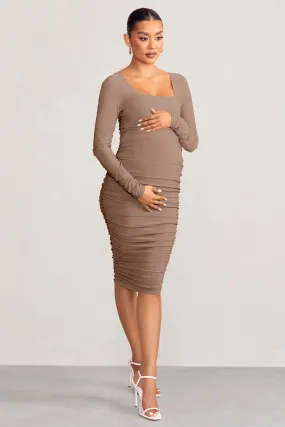 New Life | Mocha Maternity Square Neck Ruched Midi Dress