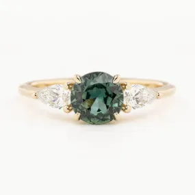 Olivia Grand Ring 1.25ct Green Blue Round Queensland Sapphire, 14K Yellow Gold (One of a kind)