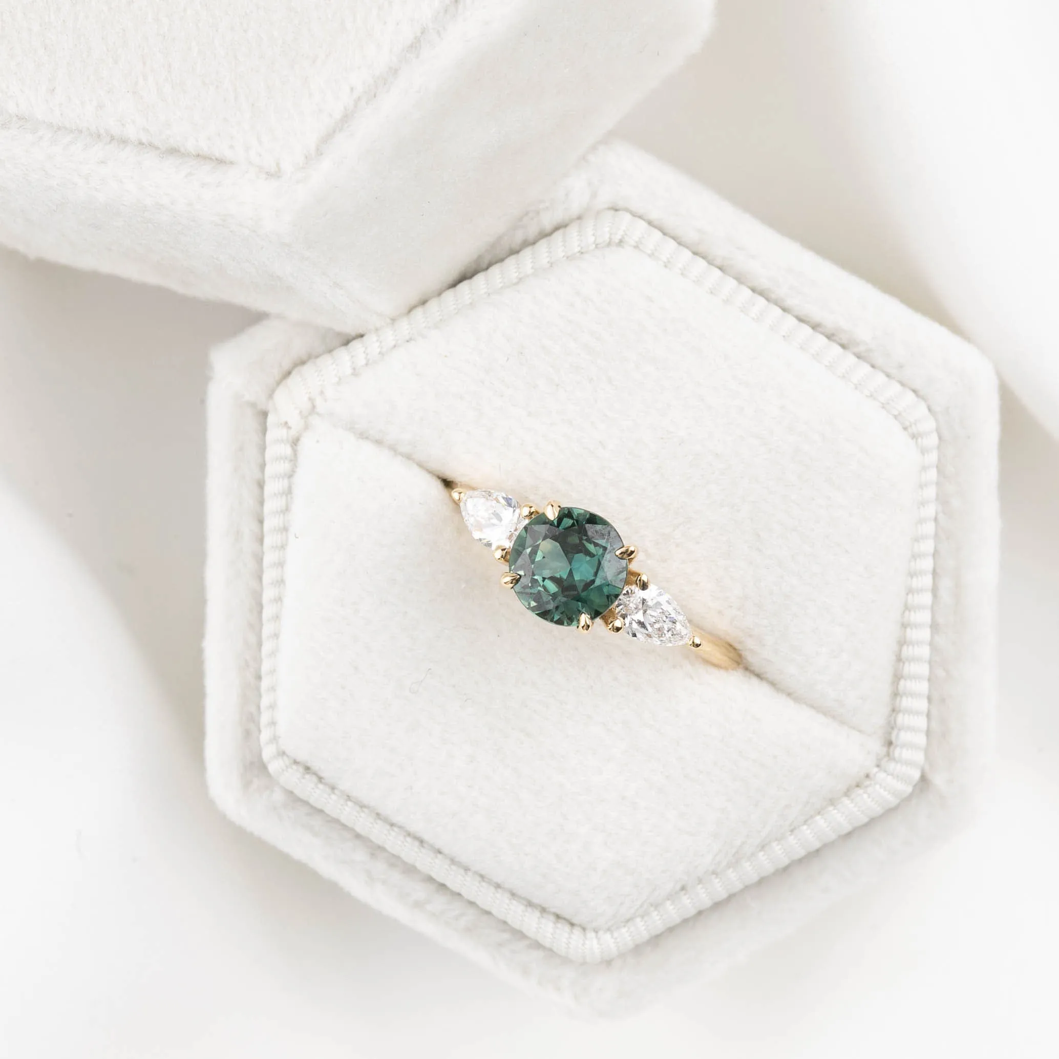 Olivia Grand Ring 1.25ct Green Blue Round Queensland Sapphire, 14K Yellow Gold (One of a kind)