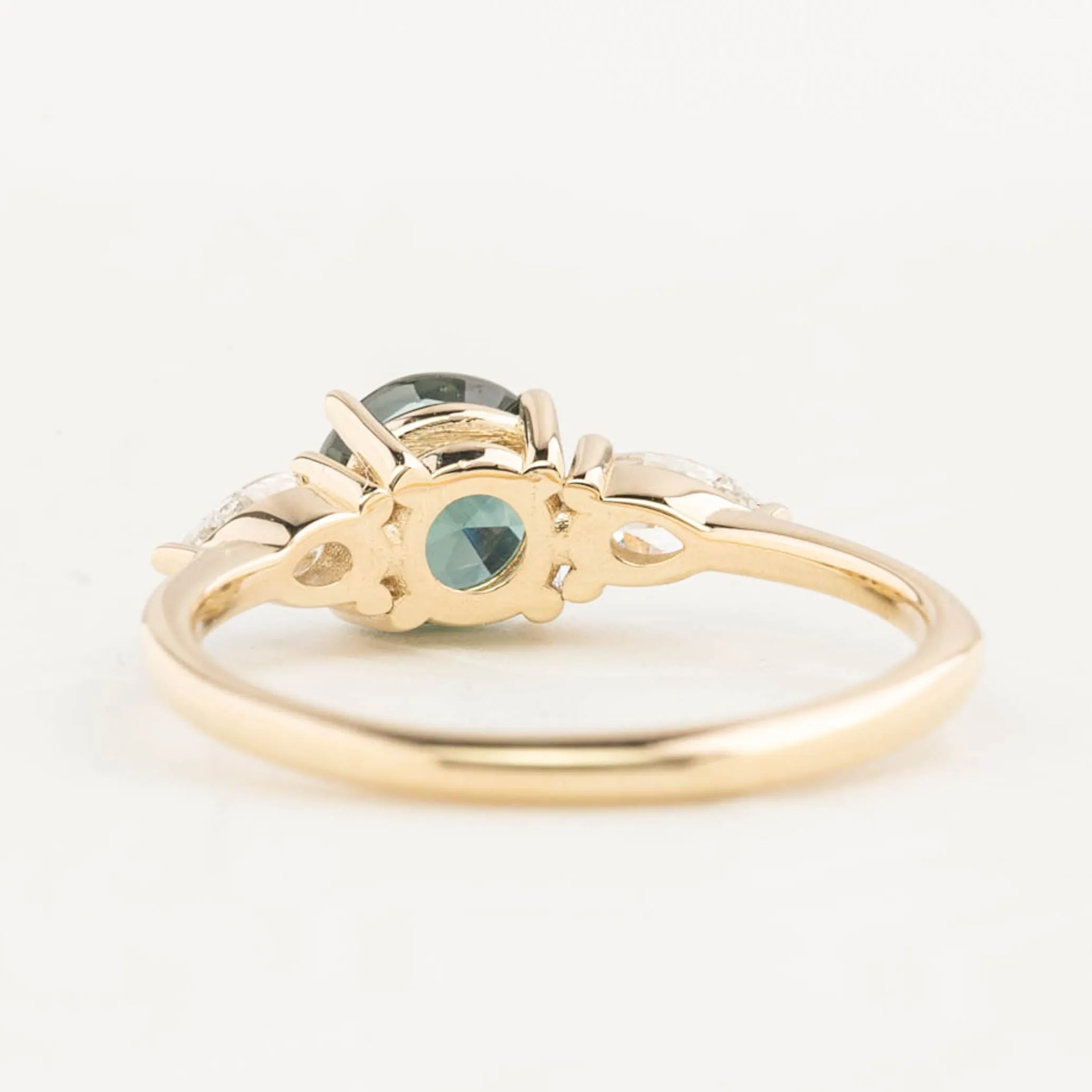 Olivia Grand Ring 1.25ct Green Blue Round Queensland Sapphire, 14K Yellow Gold (One of a kind)