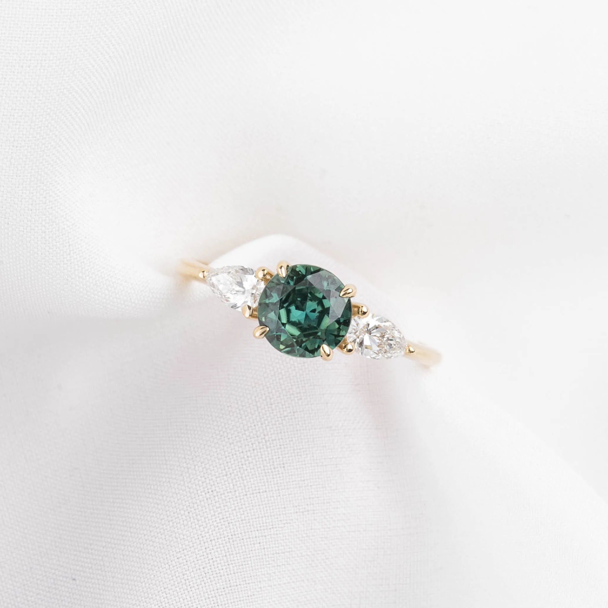 Olivia Grand Ring 1.25ct Green Blue Round Queensland Sapphire, 14K Yellow Gold (One of a kind)