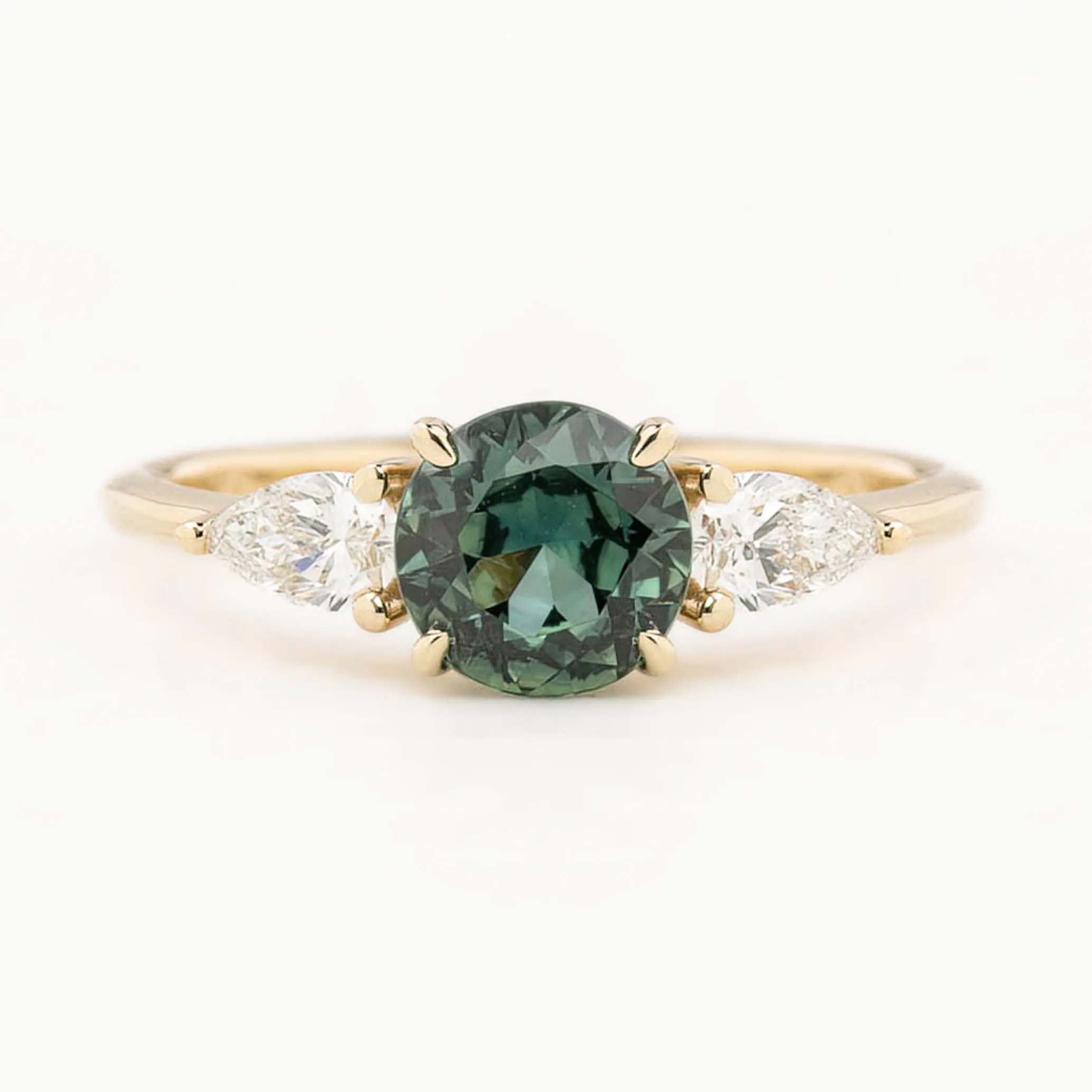 Olivia Grand Ring 1.25ct Green Blue Round Queensland Sapphire, 14K Yellow Gold (One of a kind)