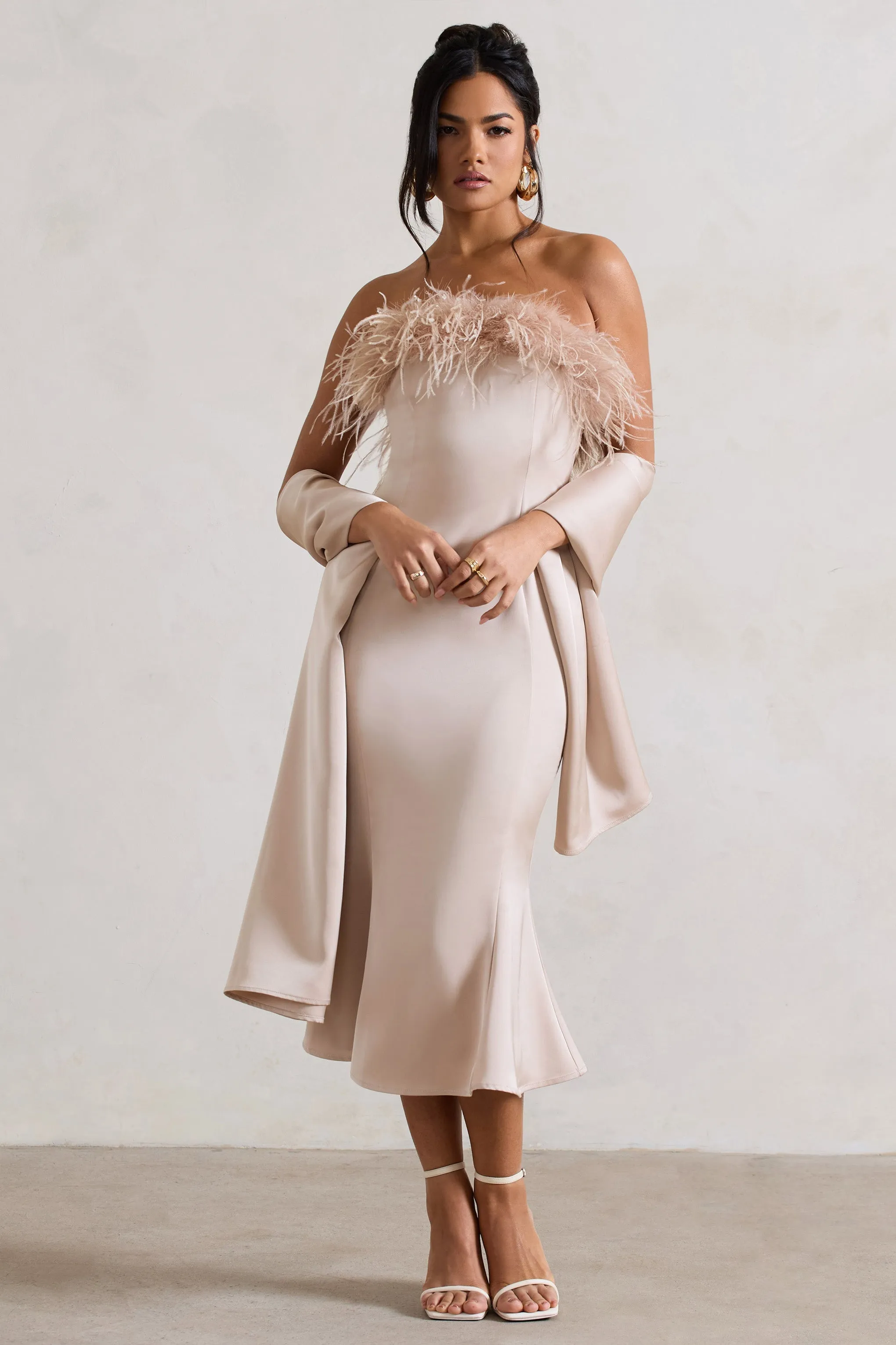 One And Only | Champagne Satin Feather Trim Midi Dress