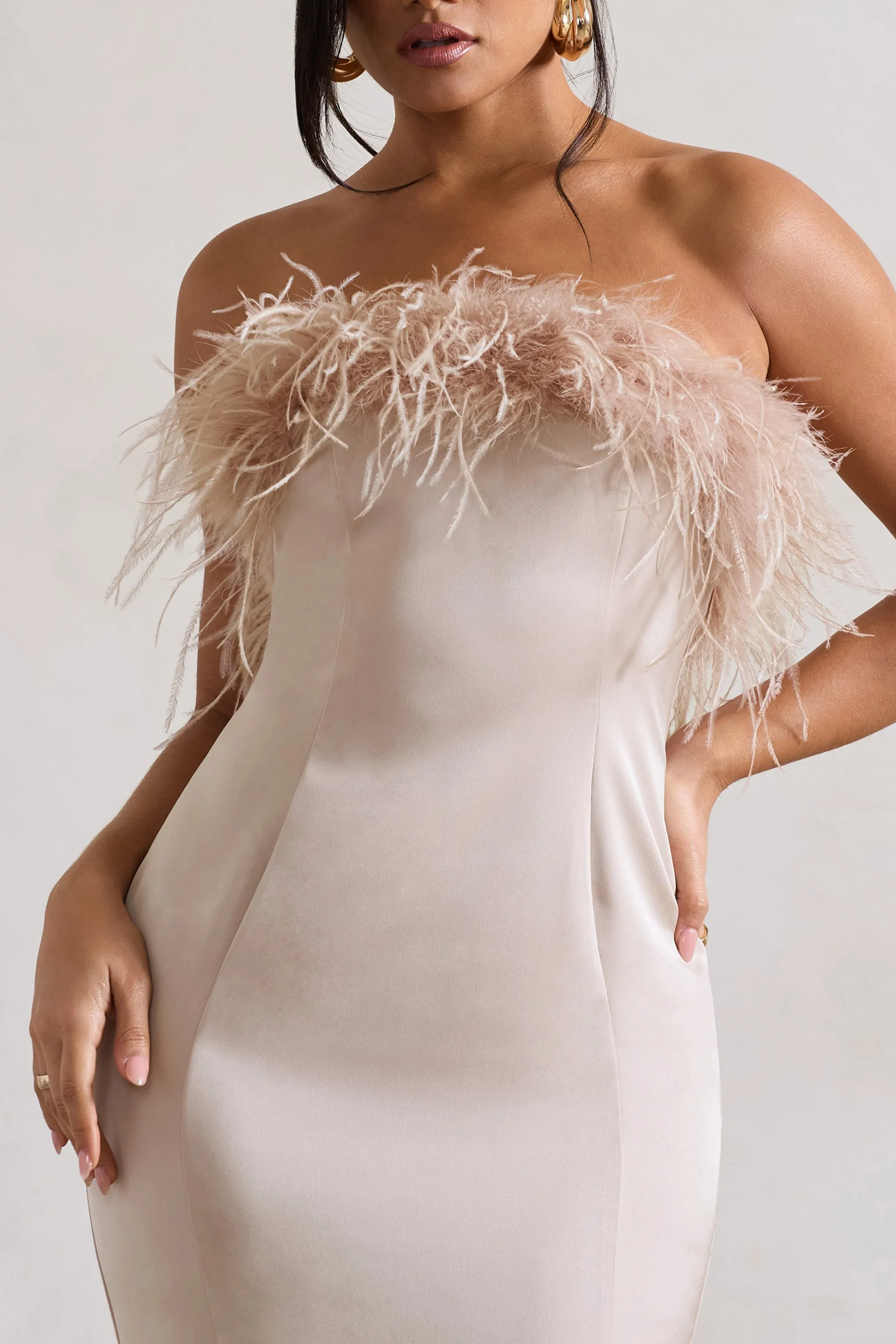 One And Only | Champagne Satin Feather Trim Midi Dress