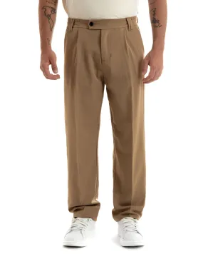 Pantaloni Uomo Baggy Lungo Wide Leg Elastico Sul Retro Abbottonatura Allungata Camel Casual Elegante GIOSAL-P5913A