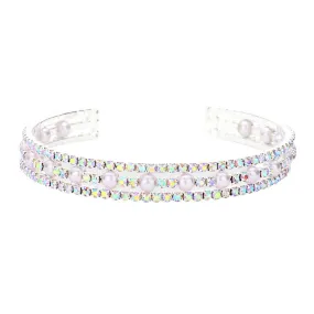 Pearl Accented Split Rhinestone Cuff Evening Bracelet