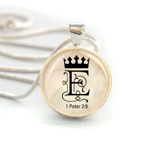 Personalized You are Royalty 1 Peter 2:9 Silver-Plated Scripture Pendant Necklace with Crown (20mm)