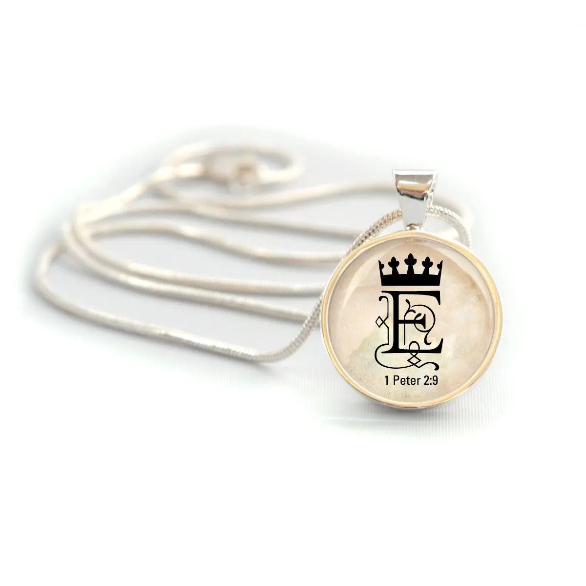 Personalized You are Royalty 1 Peter 2:9 Silver-Plated Scripture Pendant Necklace with Crown (20mm)