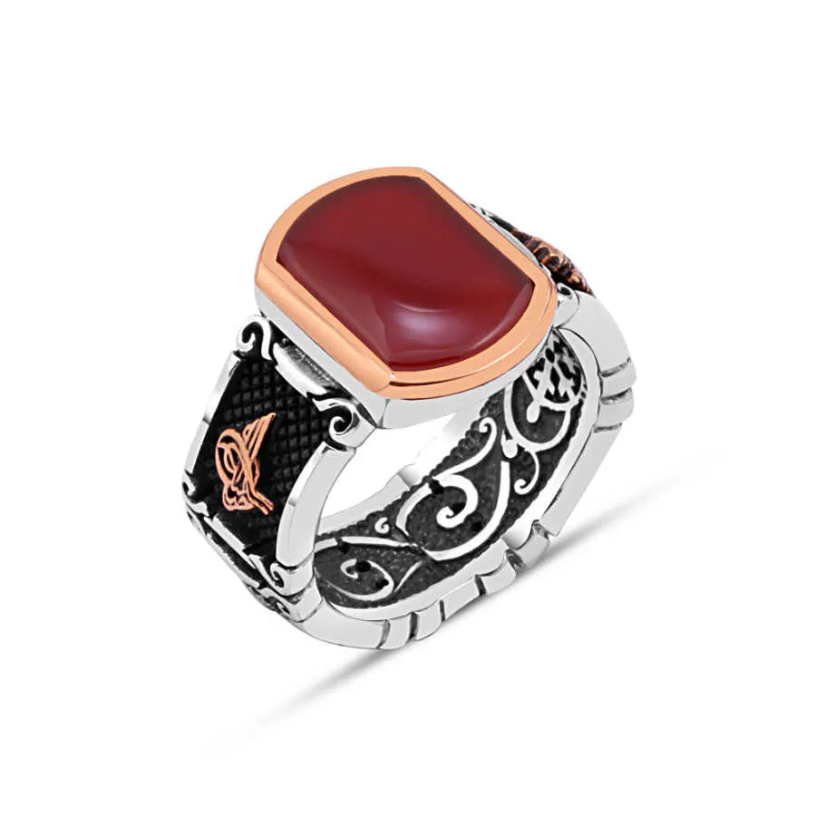 Plain Red Stadium Shape Agate Stone Silver Men's Ring Siding Ottoman Tughra