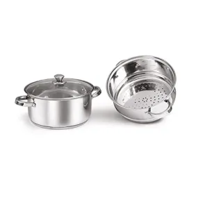 SignoraWare All Rounder Stainless Steel Induction Bottom Steamer/Modak/Momo Maker with Glass Lid (20cm) 2 Tier, Set of 1